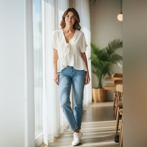 New Neiman Marcus Ivory Tie-Front Blouse